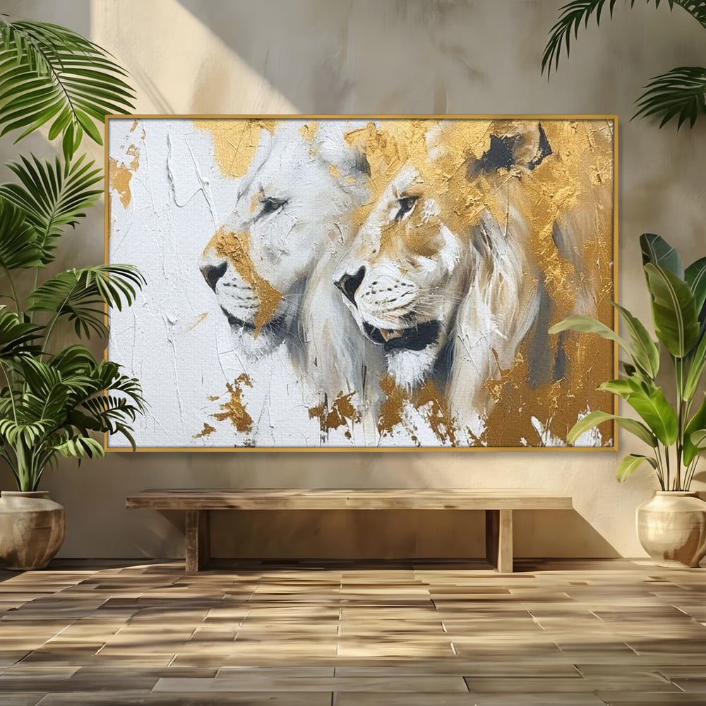Tablou canvas cu tablou canvas cu doi lei si accente aurii, in rama de aluminiu auriu